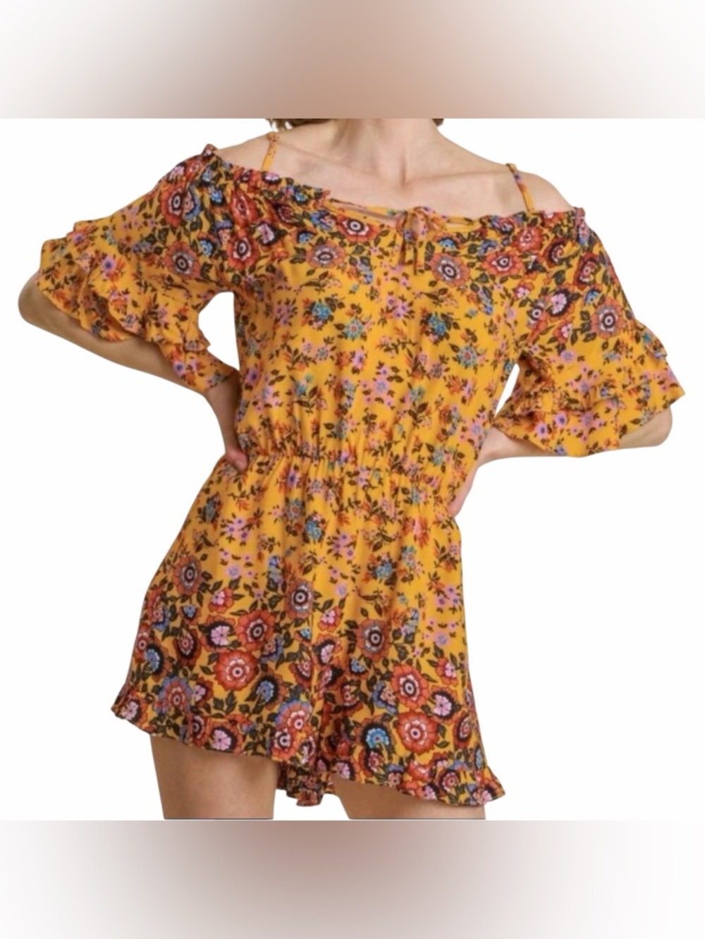 Boho Floral Ruffle Off Shoulder Romper Mustard Festival Cottagecore Small Umgee - Picture 3 of 8